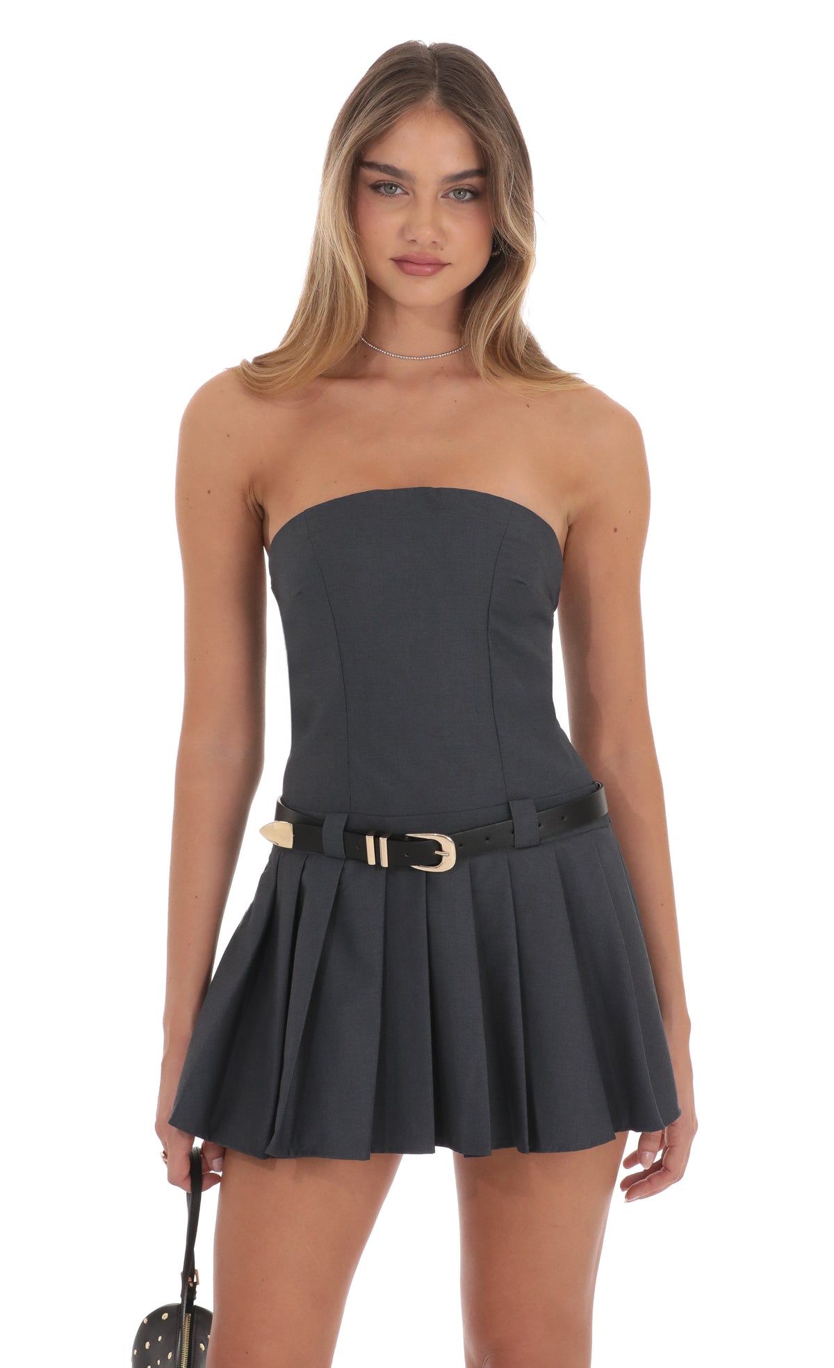 Strapless Pleated Dress in Grey