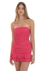 Strapless Ruched Bodycon Dress in Deep Pink