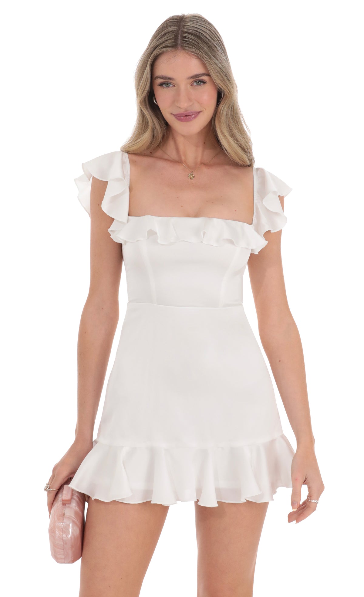 Satin Ruffle Mini Dress in White