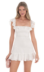 Satin Ruffle Mini Dress in White