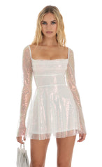 Iridescent Sequin Flare Dress in White