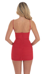 Mesh Ruched V-Neck Bodycon Dress in Red