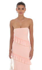 Strapless Spiral Ruffle Maxi Dress in Peach