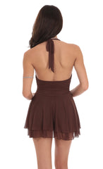 Mesh Halter Romper in Brown