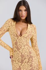 apricot plunge lace maxi dress