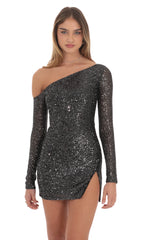 Silver Sequin One Off Shoulder Bodycon Dress in Black