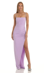 Rhinestone Strap Ruched Maxi Dress in Lilac
