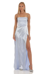 Rhinestone Satin Maxi Dress in Periwinkle