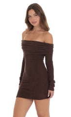 Ribbed Off Shoulder Open Back Dress in Brown