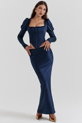 navy satin bias cut maxi skirt