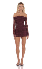 Off Shoulder Long Sleeve Lace Dress in Burgundy