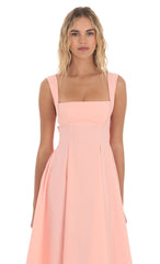 Square Neck Flare Midi Dress in Pink