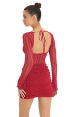 Sheer Mesh Long Sleeve Dress in Red