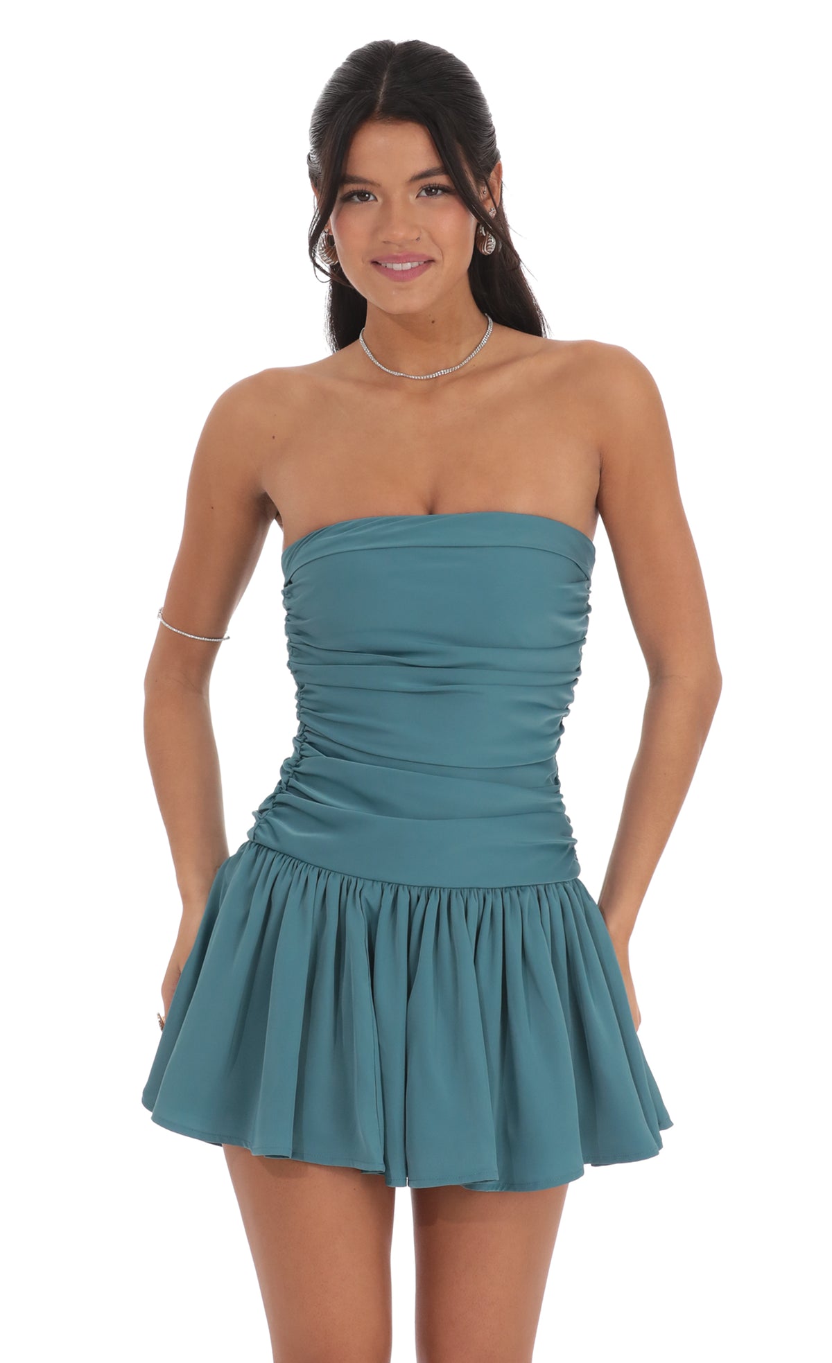 Strapless Ruched Flare Dress in Blue Teal