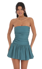 Strapless Ruched Flare Dress in Blue Teal