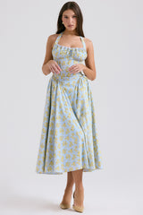 soft blue vintage floral print cotton halter sundress
