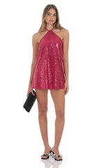 Sequin Halter Dress in Pink