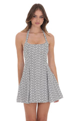 Floral Striped Halter Open Back Dress in Black and White