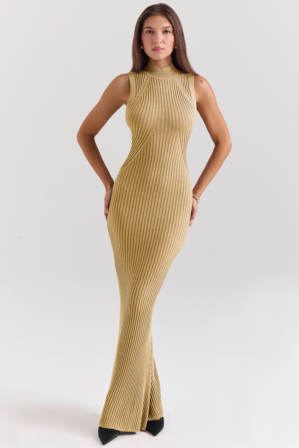 gold metallic ribbed maxi dress