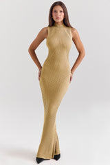 gold metallic ribbed maxi dress
