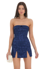 Strapless Jacquard Double Slit Dress in Navy