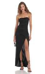 Overlap Shimmer Strapless Dress in Black