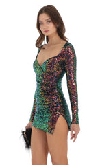 Sequin Long Sleeve Dress in Rainbow Chrome