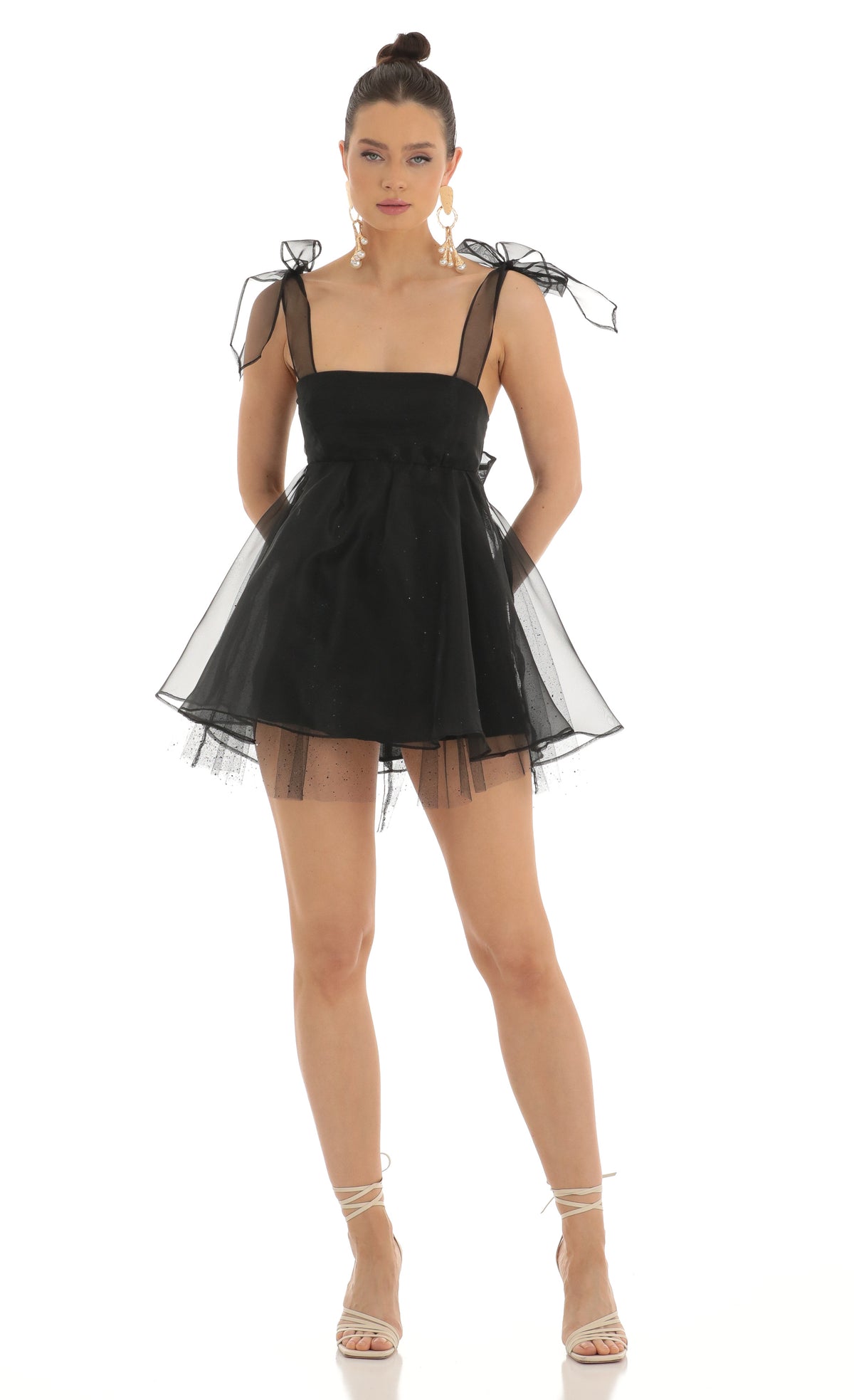 Glitter Bow Baby Doll Dress in Black