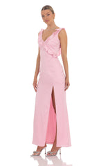 Satin V-Neck Open Back Maxi Dress in Pink