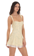 Floral Double Bows Ruffle Dress in Yellow