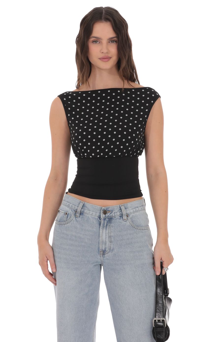 Polka Dot Boat Neck Top in Black