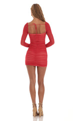 Mesh Long Sleeve Bodycon Dress in Red