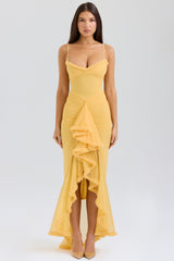 apricot ruffled front gown