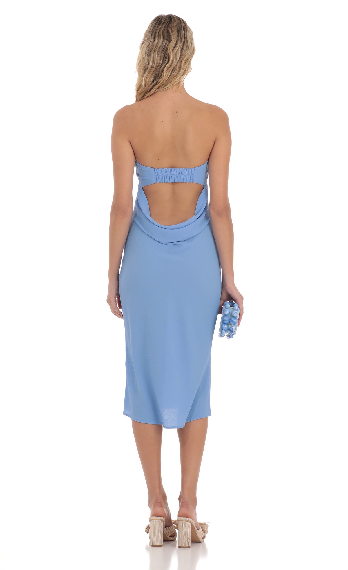 Strapless Open Back Midi Dress in Blue