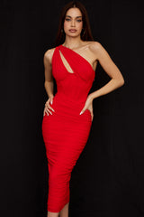 scarlet asymmetric cutout midi dress
