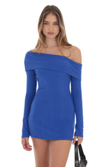 Ribbed Off Shoulder Dress in Blue