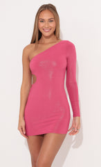 One Shoulder Cutout Dress in Shimmer Pink