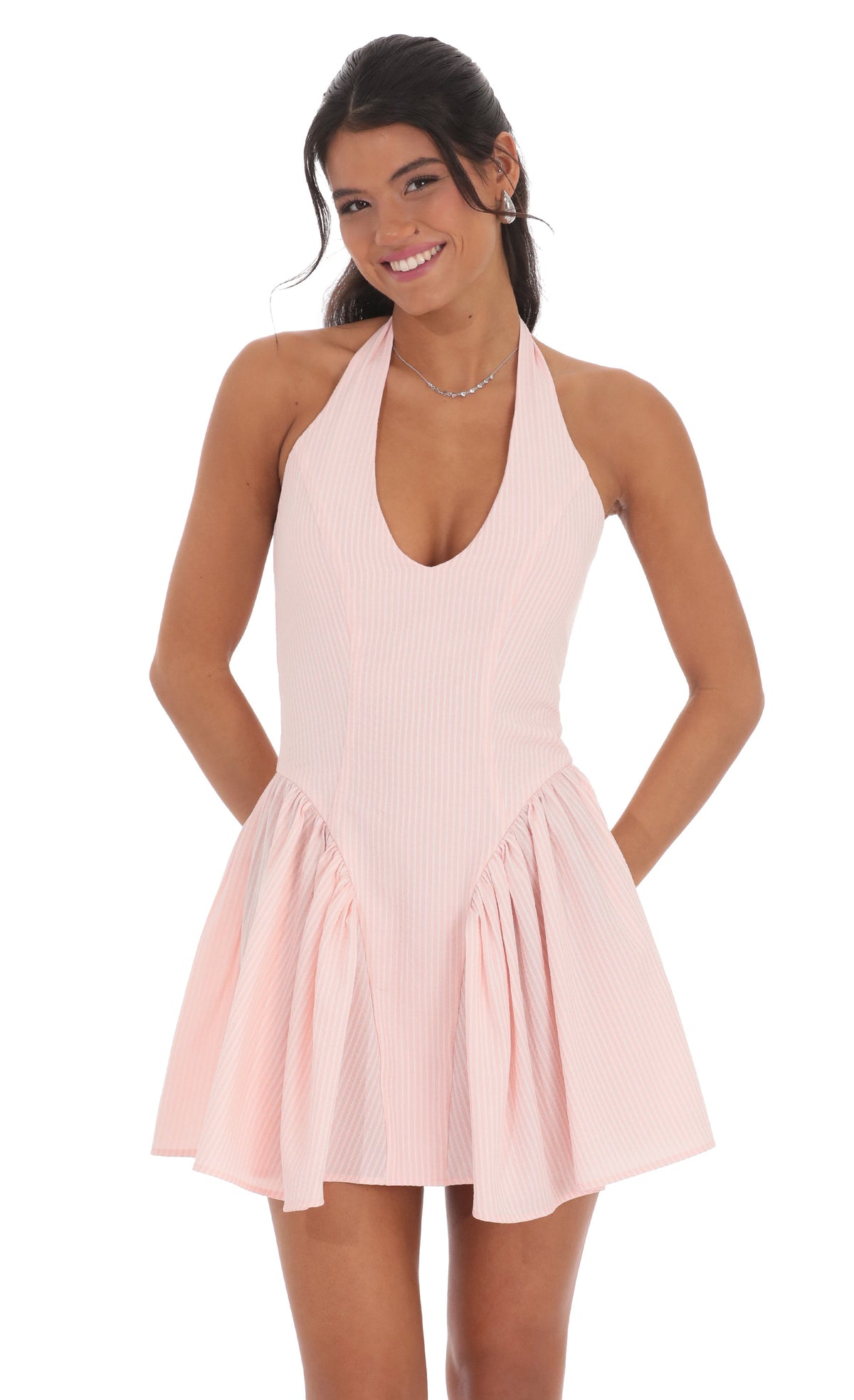 Striped Crinkle Halter Dress in Pink