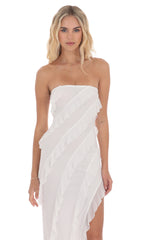 Mesh Ruffle Strapless Maxi Dress in White