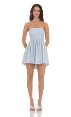 Floral Strapless A-line Dress in Gingham Blue