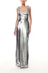Silver Sequin Scoop Neck Gown