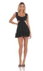 Striped Shimmer Ruffle Cutout Dress in Black