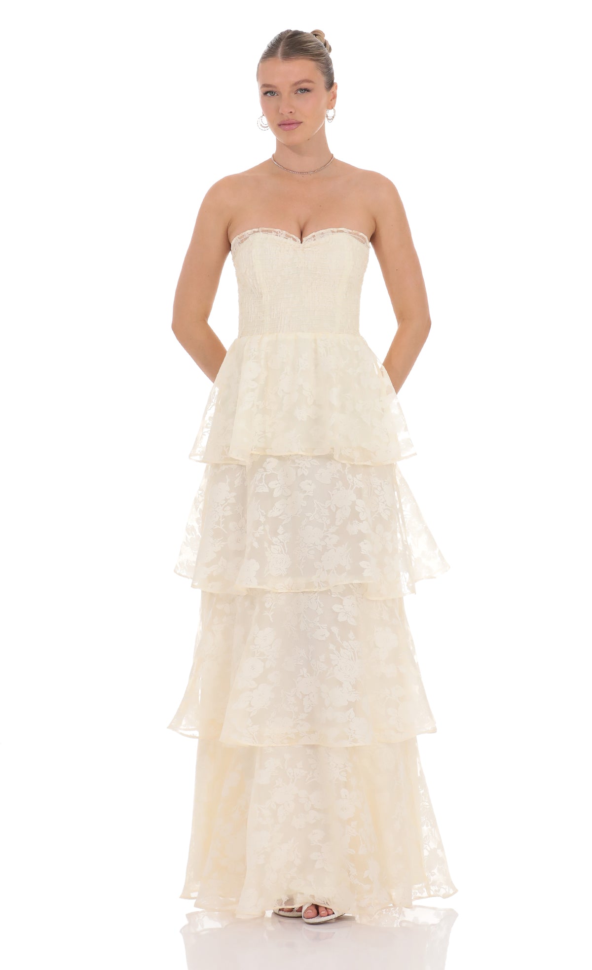 Floral Smocked Ruffle Maxi Dress in Cream