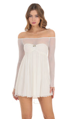 Mesh Off Shoulder Babydoll Dress in Ivory