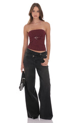 Pinstripe Strapless Buckle Top in Burgundy