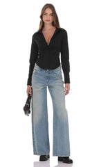 Ruched Button-Up Shirt in Black