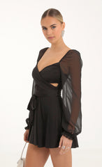 Puff Chiffon Wrap Dress in Black
