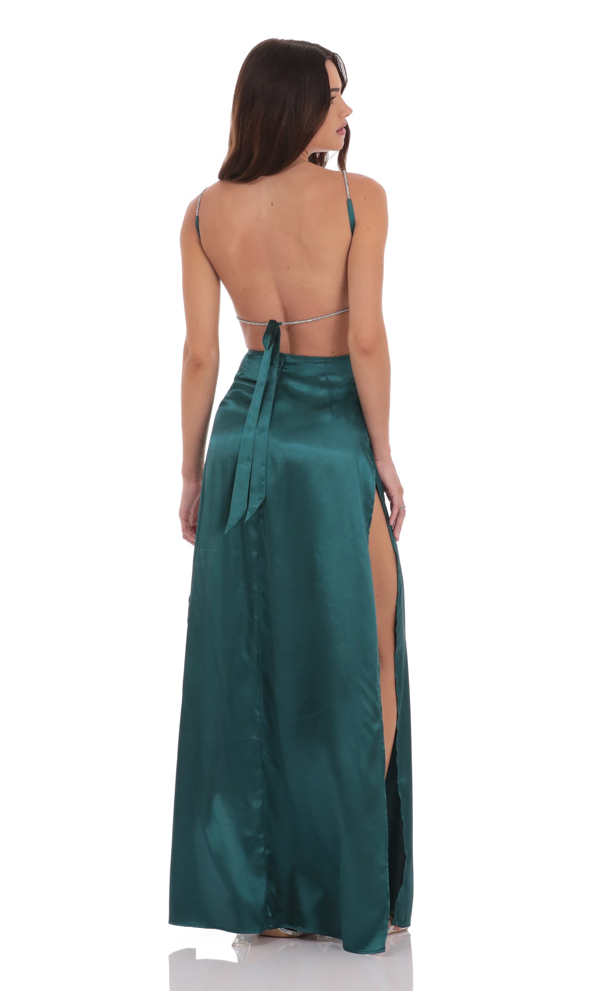 Rhinestone Satin Maxi Dress in Green