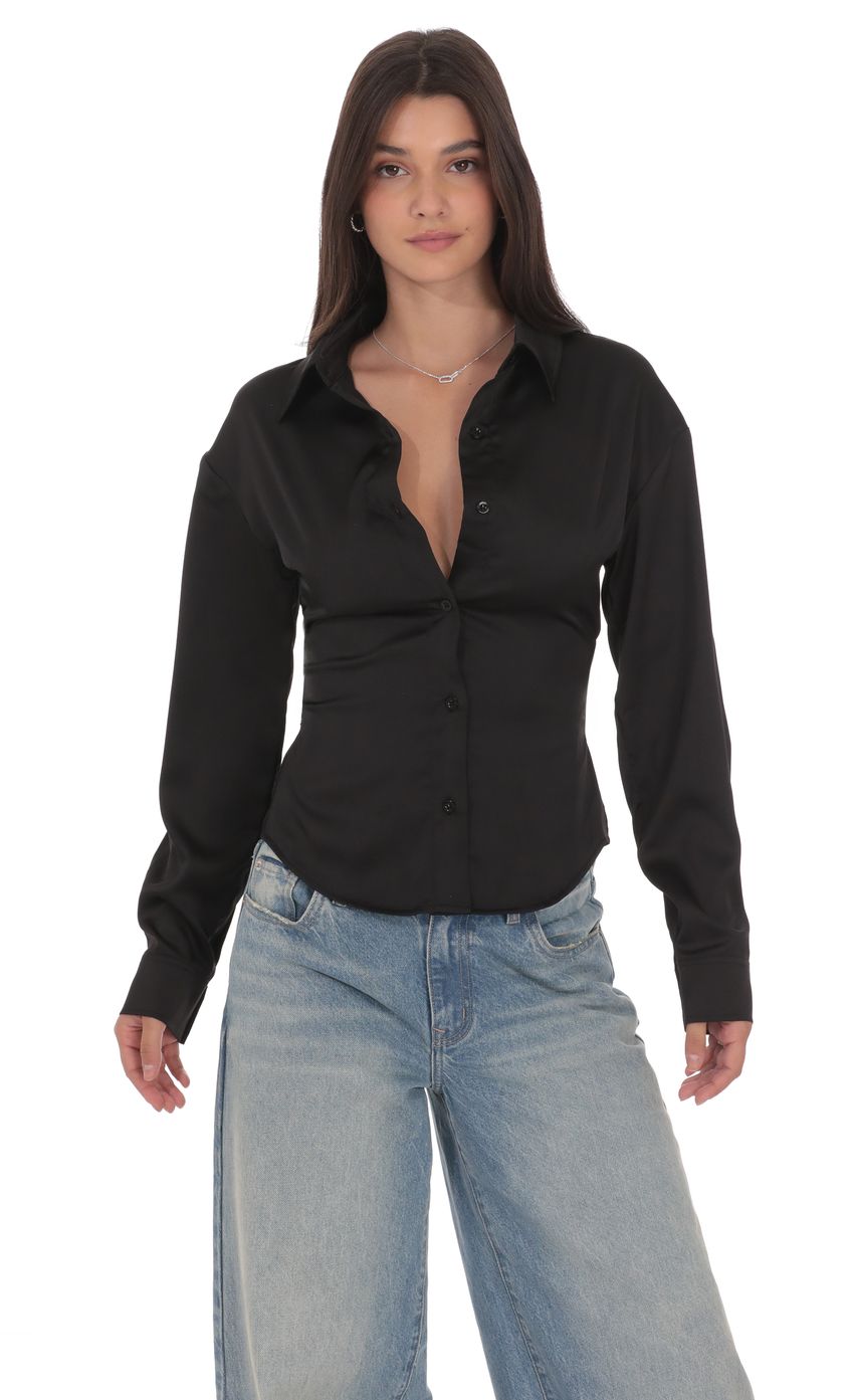 Satin Button-Up Shirt in Black
