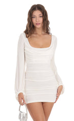 Ruched Cowl Neck Dress in White